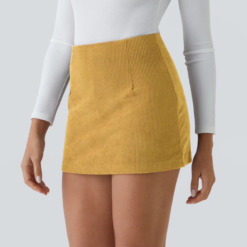 HALARA High Waist 2 In 1 Gold Corduroy Mini Skirt Medium NWT - Picture 4 of 6